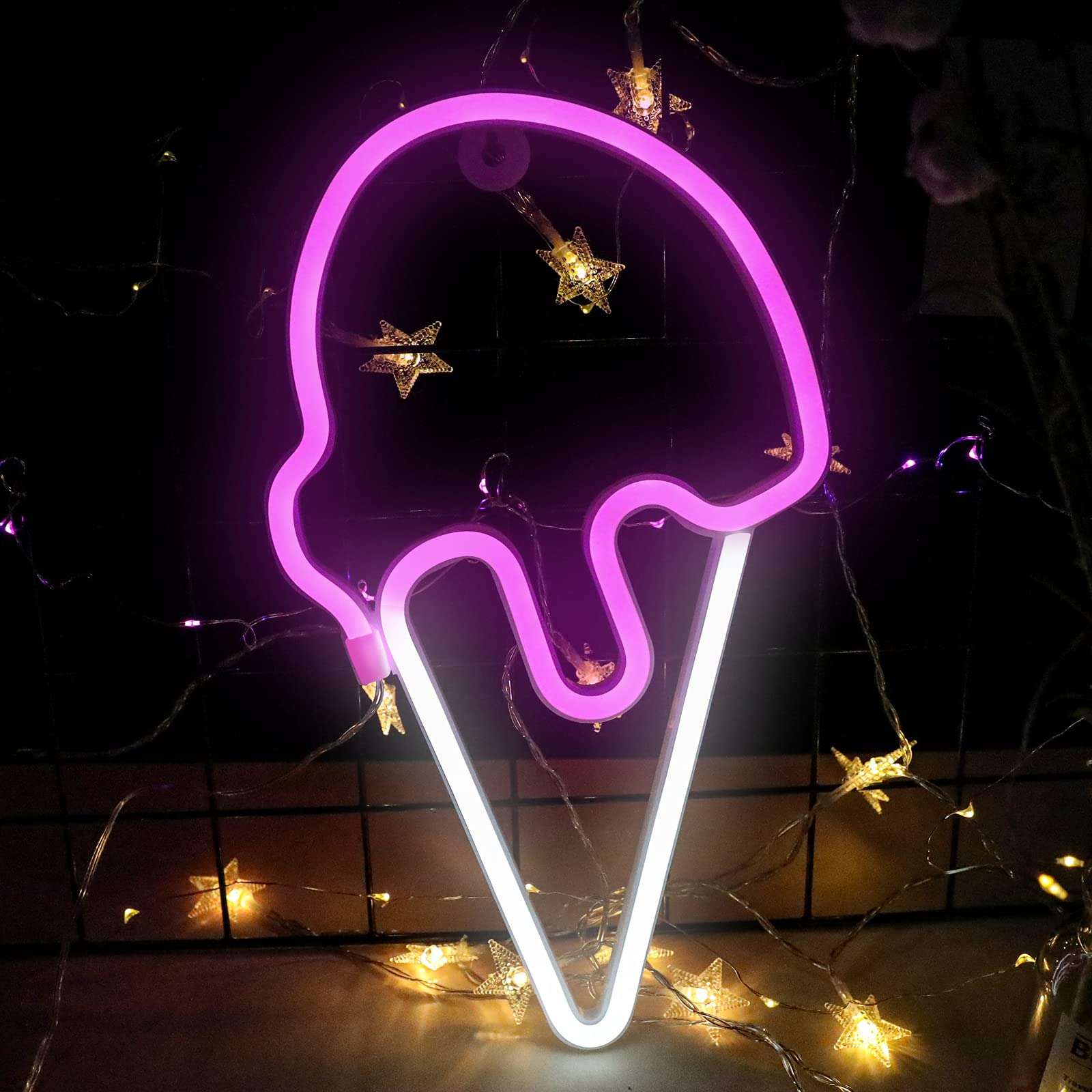 LED Ice Cream Neon Sign - Battery/USB Powered Cute Neon Light for Room Decor - Perfect for Summer Parties, Bedroom, Office, Dorm & Kids Gifts