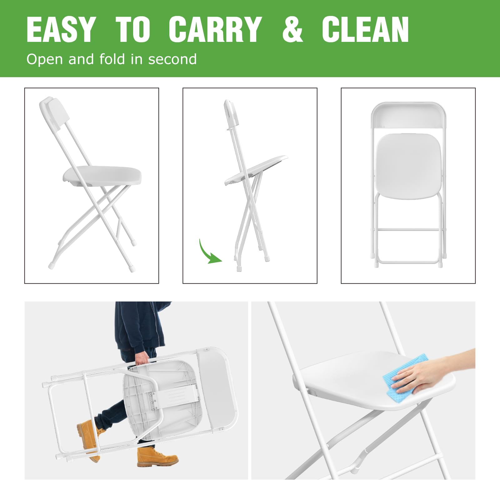 10 Pack White Plastic Folding Chairs - Heavy Duty 350lb Capacity Stackable Chairs with Steel Frame for Indoor/Outdoor Use - Perfect for Weddings, Parties, Dining, School Events & Commercial Spaces