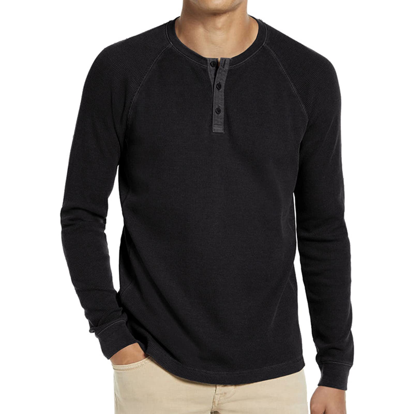 Men's Casual Long Sleeve Henley Shirt - Lightweight Waffle Knit Button-Up T-Shirt for Beach, Yoga & Everyday Wear | Comfortable Fashion Top for Relaxation & Outdoor Activities