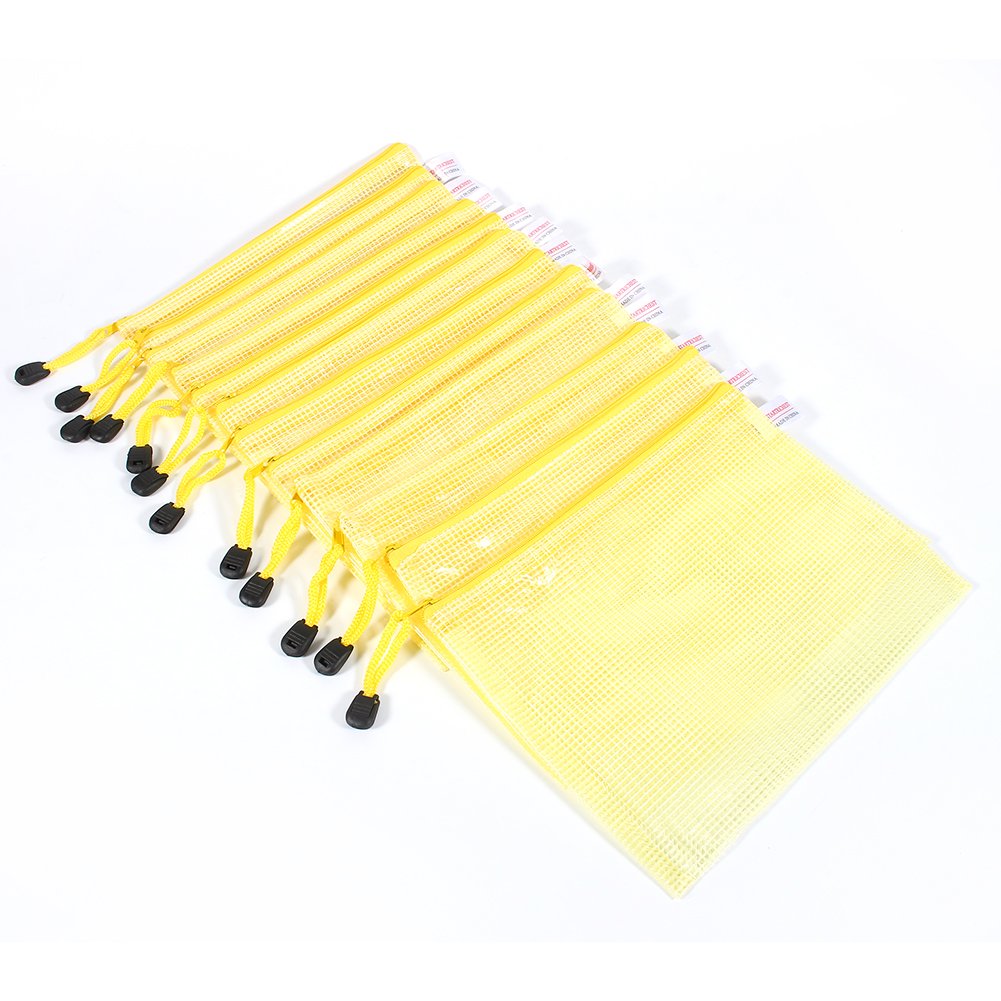 12PCS A5 Plastic Zipper Bags - Waterproof Document Storage Folders for Files, Maps, Cards & Certificates | Secure Organization for Office, School & Travel (Yellow)