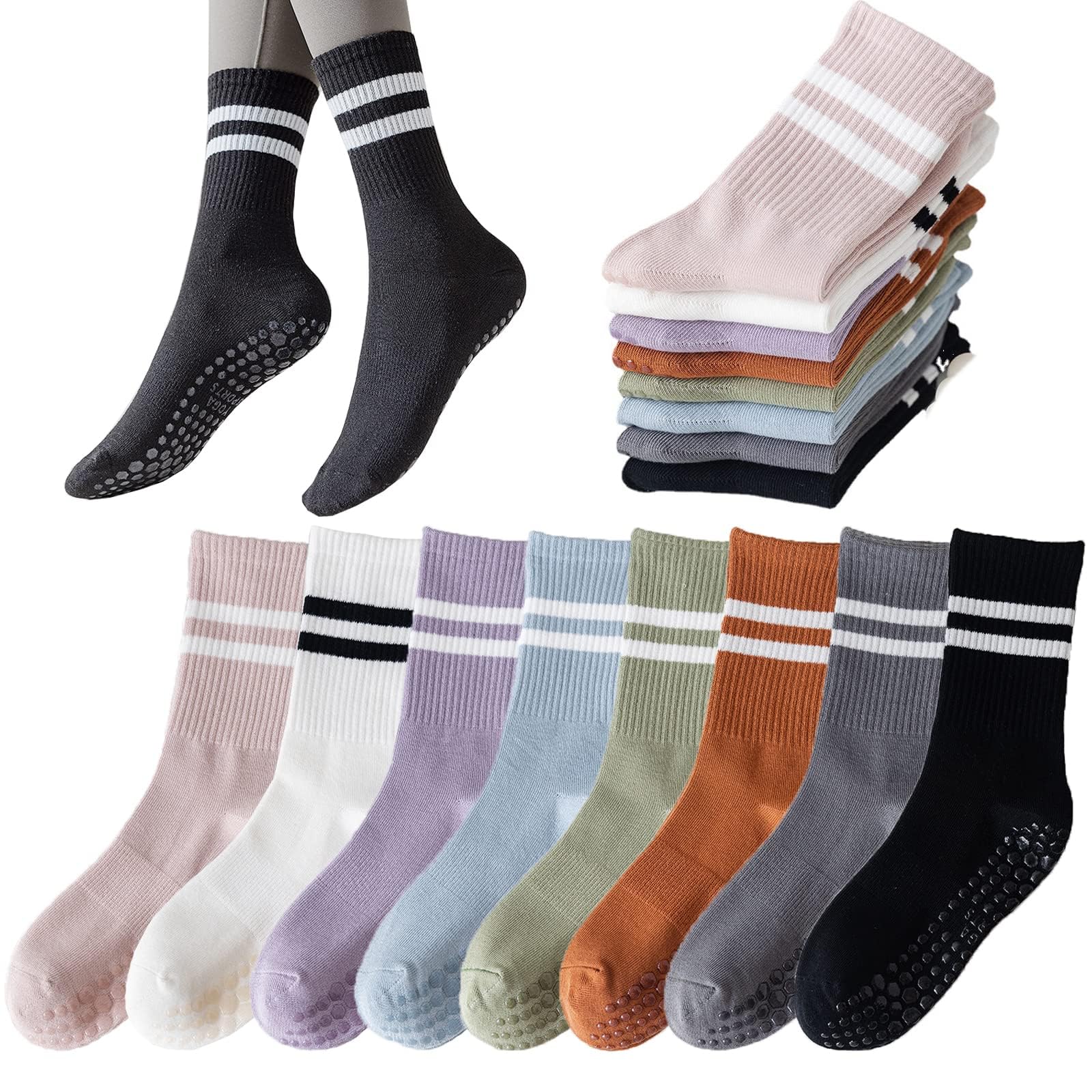 Tergy 8 Pairs Women's Non-Slip Yoga Socks with Grip - Anti-Skid Gripper Socks for Pilates, Barre, Dance & Yoga - Perfect for Studio Workouts and Home Exercise