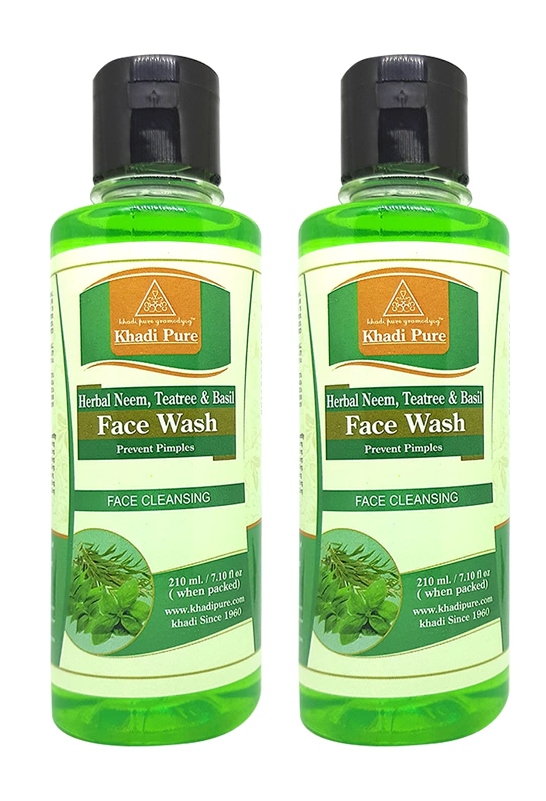 Khadi Pure Herbal Neem, Tea Tree & Basil Face Wash for Acne & Oily Skin - 210ml (Pack of 2) | Natural Green Cleanser for Daily Skincare Routine & Deep Pore Cleansing