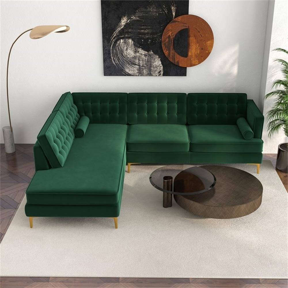ASHCROFT Mid Century Modern Kole Forest Green Velvet Sectional Left Facing Sofa - Contemporary Living Room Furniture for Small Spaces & Apartment Decor