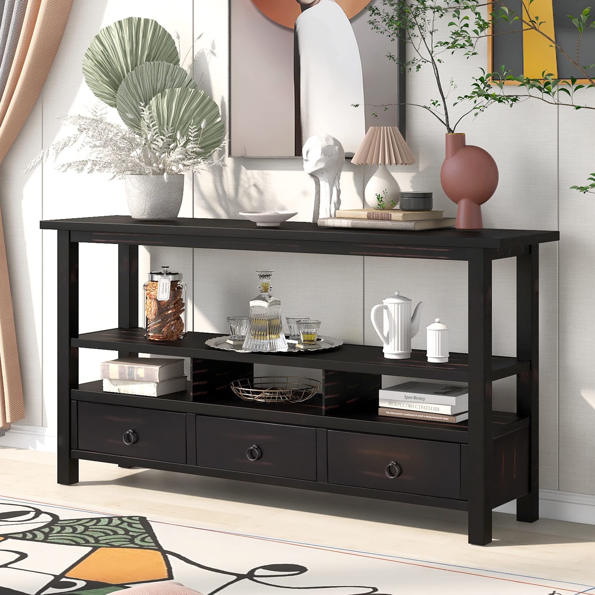 Rustic Solid Wood Console Table with Double-Tier Tabletop & 3 Drawers - Entryway, Living Room, Hallway Furniture (Black) | Perfect for Home Decor, Storage & Organization