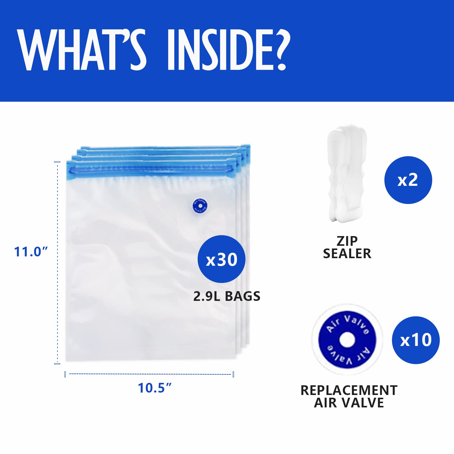 VICARKO 30 Pack Reusable Vacuum Sealer Bags for Food Storage - 2.9L BPA Free Double Layer Vacuum Zipper Bags (11.0 x 10.5 Inches) - Perfect for Meal Prep, Sous Vide & Freezer Organization