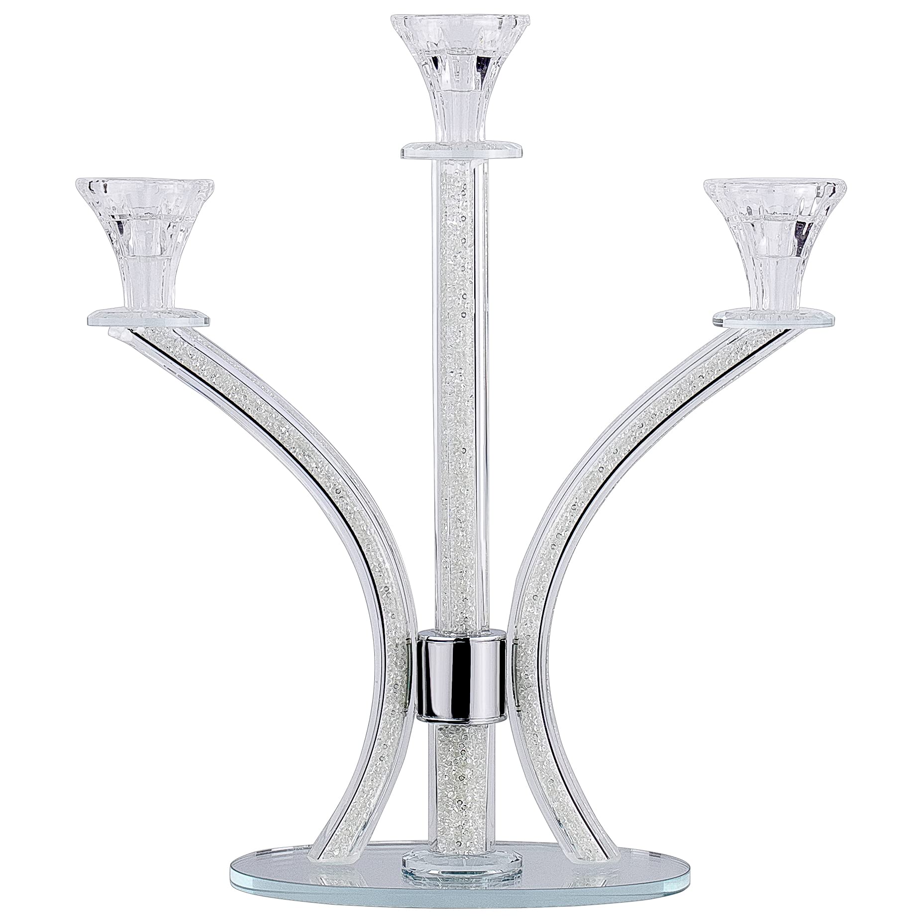 3-Arm Crystal Candelabra - Elegant Taper & Tea Light Candle Holder for Dining Table Centerpiece, Wedding Decor, Romantic Dinner Lighting - Clear Glass