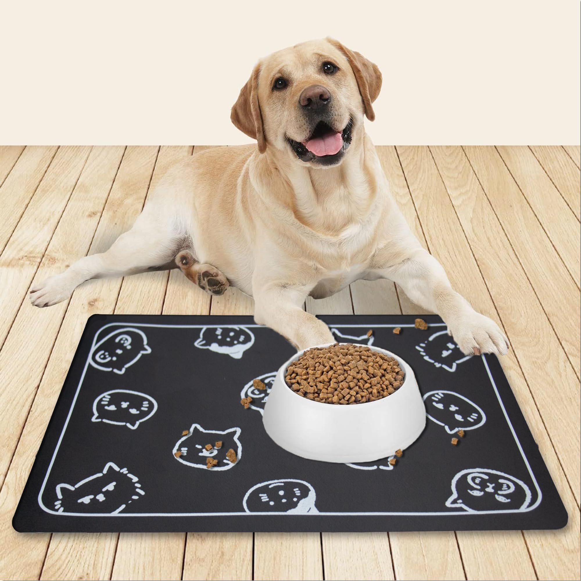 Non-Slip Super Absorbent Cat Food Mat - 18.1 x 11.8 Inch Pet Feeding Mat for Cats & Dogs with Waterproof Design & Cute Cat Head Logo - Perfect for Messy Eaters, Food Bowls & Water Dishes (Dark Grey)