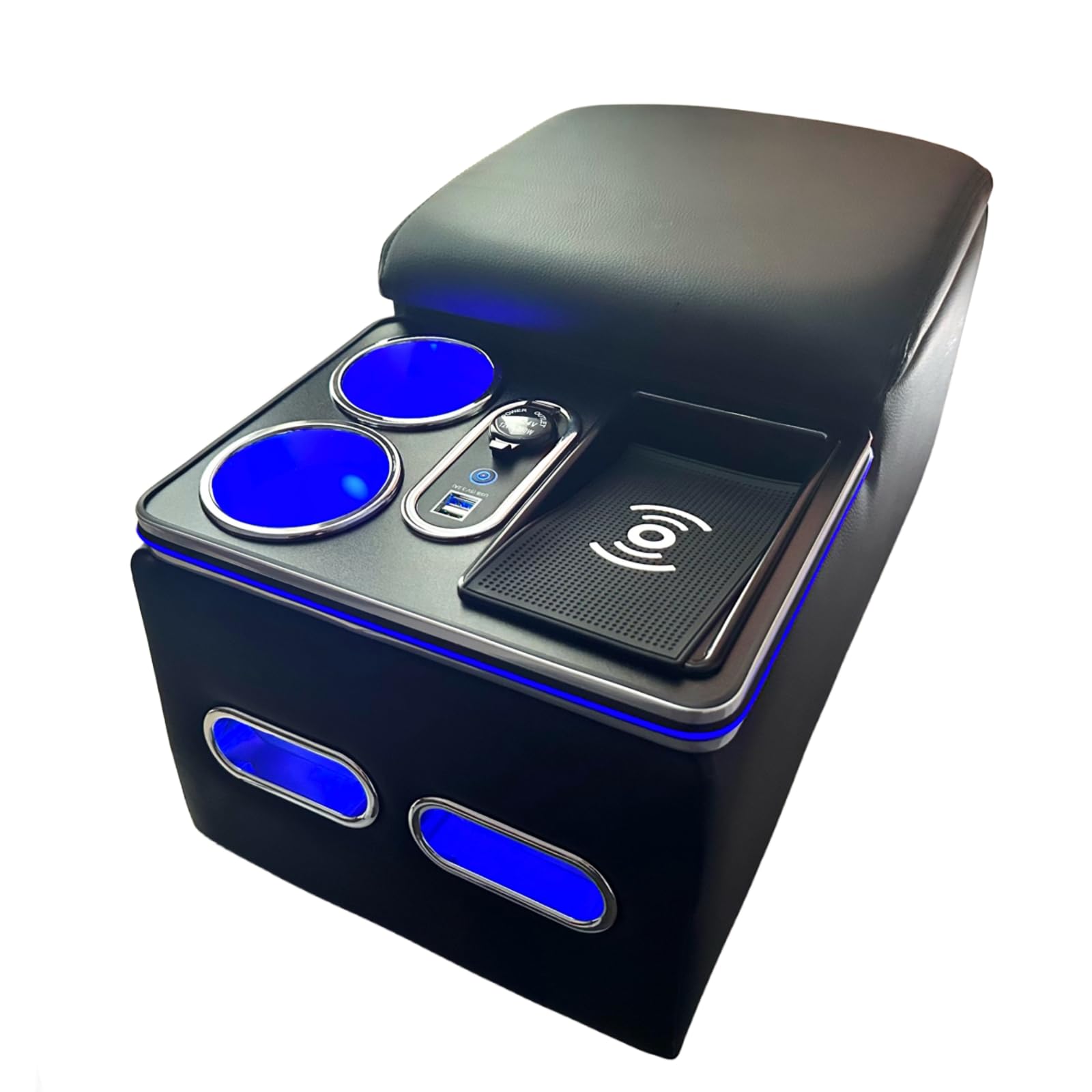Car Center Console Organizer with Wireless Charging Phone Holder & Cup Holders - Universal Storage Box for Minivan, Truck & SUV - Black | Perfect for Road Trips & Daily Commutes