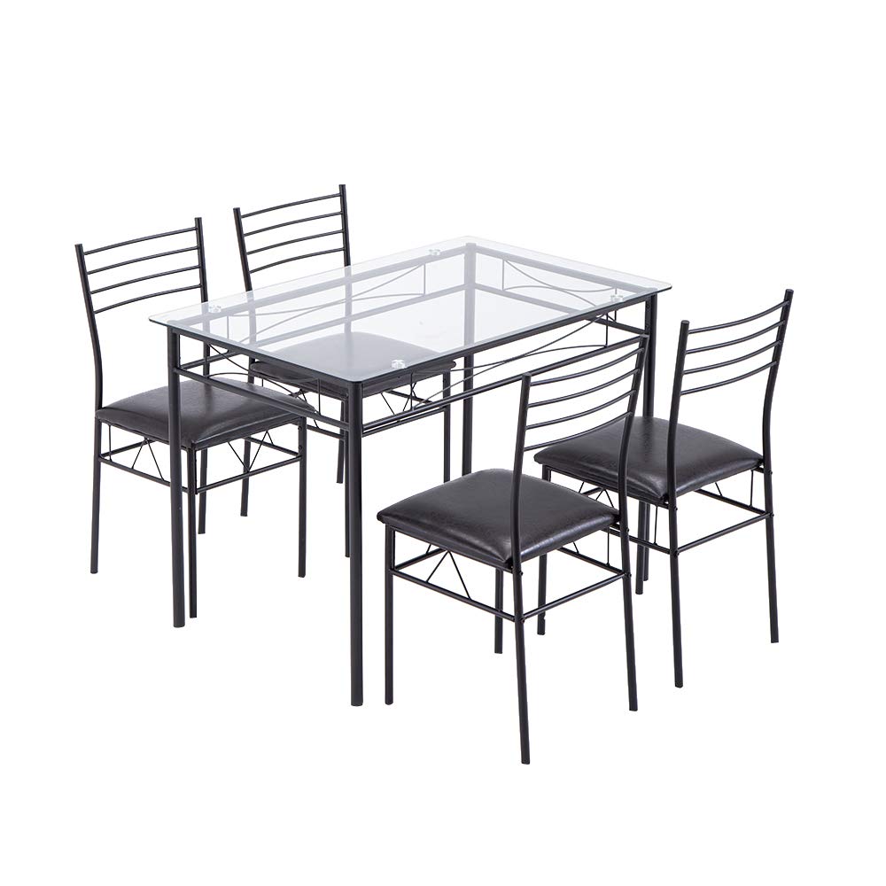 Modern Black Wrought Iron Dining Table Set with Glass Top & 4 PU Cushioned Chairs - 43.31