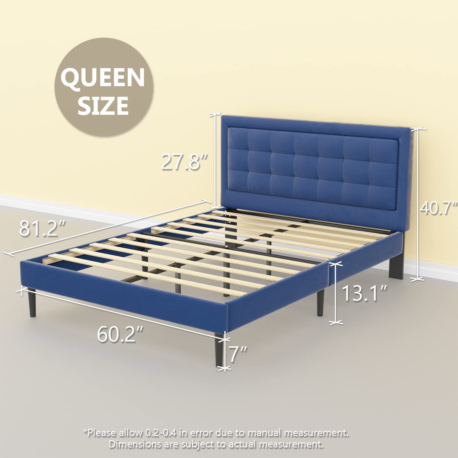 Queen Size Upholstered Platform Bed Frame with Button Tufted Headboard - Wood Slat Support, No Box Spring Needed - Blue Velvet Fabric - Easy Assembly Bedroom Furniture for Master Bedroom, Guest Room & Apartment