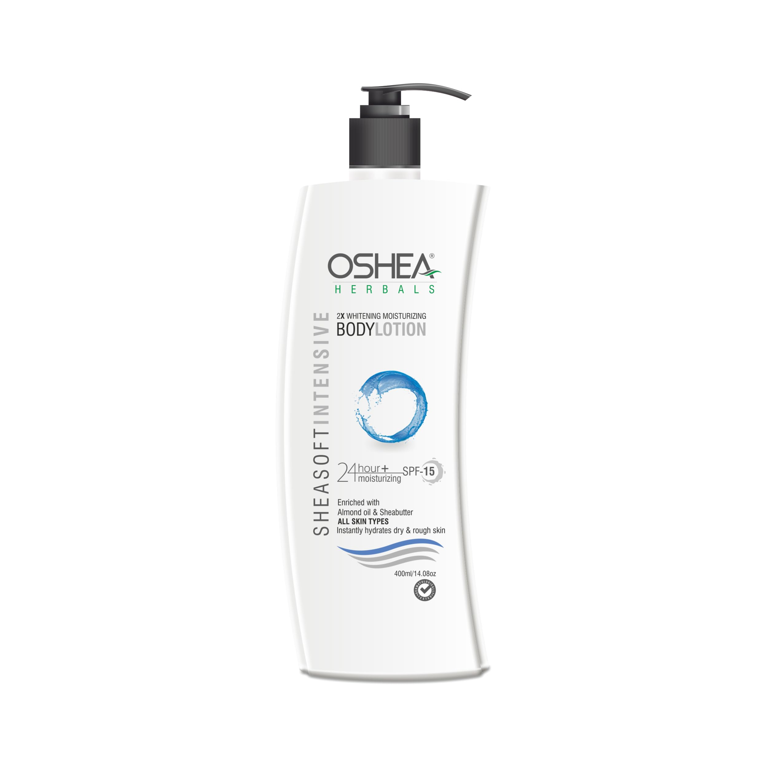 Oshea Herbals SheaSoft Intensive 2x Brightening & Moisturizing Body Lotion SPF 15 - 24 Hour Hydration with Almond Oil & Shea Butter - 400ml for Dry, Sensitive & All Skin Types - Perfect for Daily Use, Travel & Sun Protection