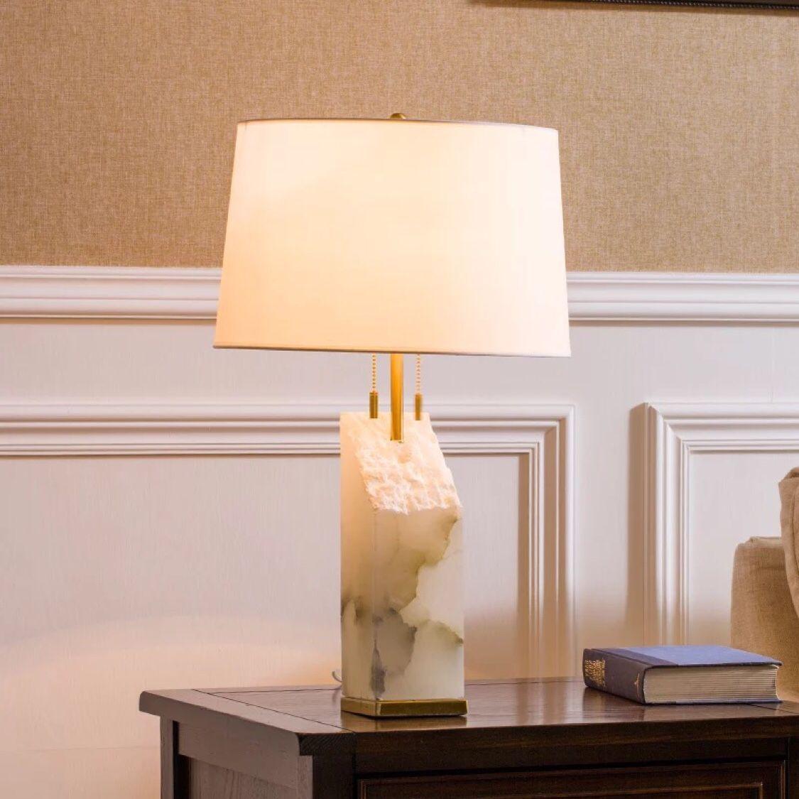 Handmade Raw Alabaster Table Lamp - Natural Stone Nightstand Light for Bedroom, Living Room & Office Decor - Dimmable Warm White Lighting for Relaxation & Reading