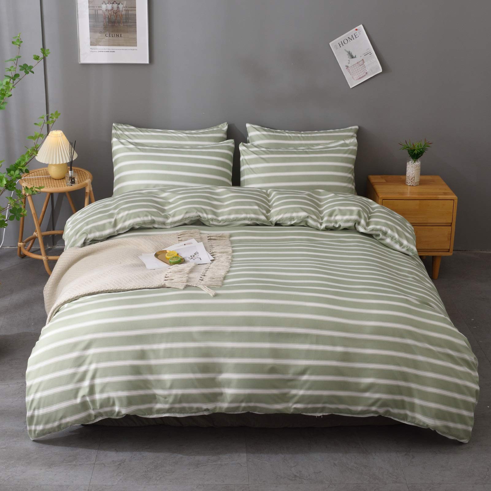 Premium M&Meagle 3-Piece Striped Duvet Cover Set - King Size (1 Duvet Cover + 2 Pillowcases) | 100% Soft Microfiber, Zipper Closure, Luxury Hotel Quality Bedding in Green | Perfect for Master Bedrooms, Guest Rooms & Vacation Homes