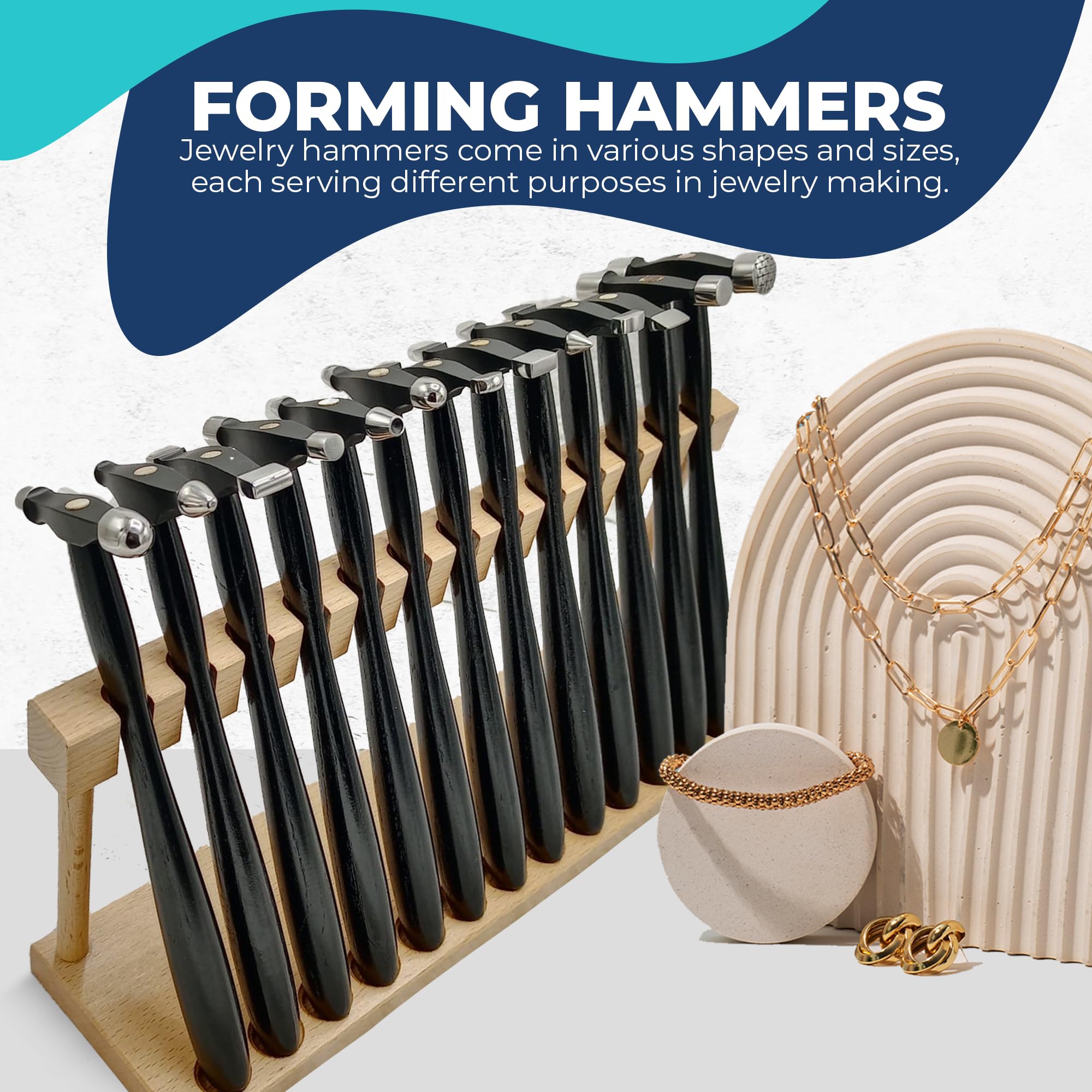 13-Piece Jewelry Making Tool Set with Texture Forming Metal Hammers & Wooden Stand - Professional Jewelers Hammer Kit for Metal Stamping, Shaping & Forming - Perfect for DIY Jewelry Crafting & Metalworking Projects