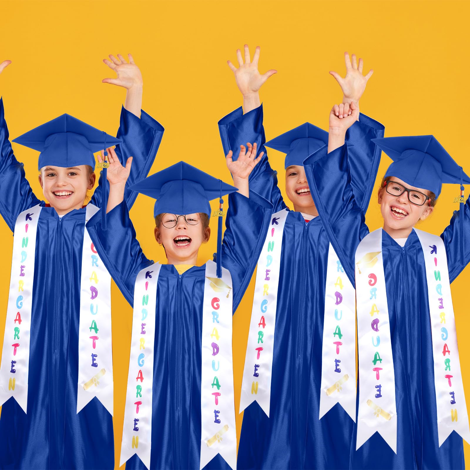 2025 Preschool & Kindergarten Graduation Gown Cap Tassel Set with Printed Stole Sash - 2 Pack Kids Graduation Outfit for Ceremony & Photo Shoots