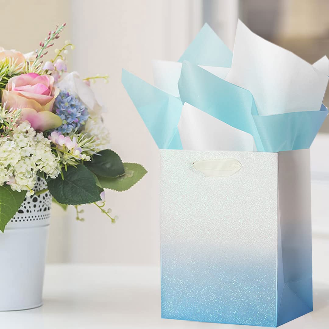 12Pcs Blue Glitter Ombre Gift Bags Bulk - 100% Recyclable Wrapping Paper Bags for Wedding, Baby Shower, Birthday Party Favors - Medium 9x7x4 inch - Perfect for Easter, Mother's Day & Thank You Gifts