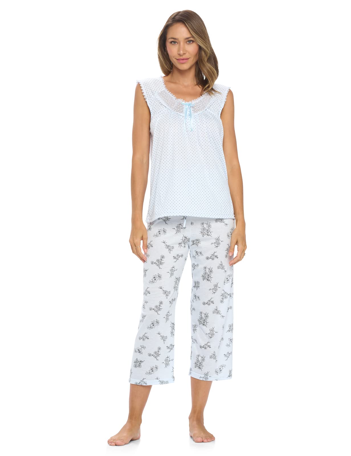 Women's Lace Sleepwear Set - Sleeveless Top & Capri Pants for Comfortable Nights | Soft Pajama Outfit for Relaxing at Home, Lounging & Sleepwear