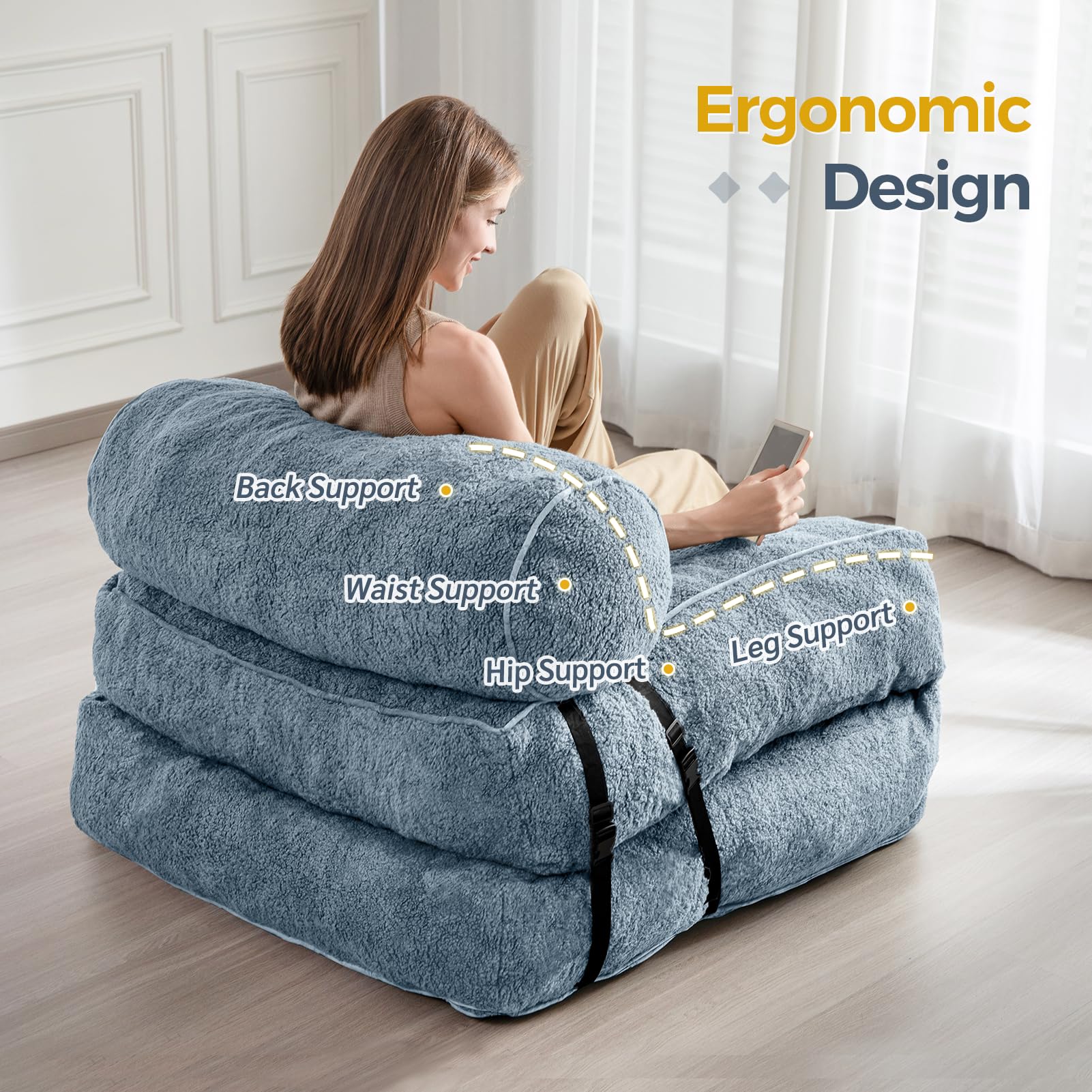MAXYOYO Folding Sofa Bed - Convertible Boucle Sleeper Chair with Bolster Pillow | Multi-Functional Floor Sofa Lounge for Living Room, Bedroom & Small Spaces | Dusty Blue | Perfect for Guest Sleeping, Relaxing & Space Saving