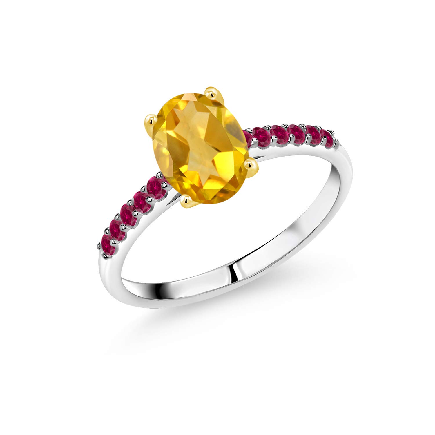 1.48 Ct Natural Yellow Citrine & Red Created Ruby 10K White Gold Ring with Yellow Gold Prongs - Elegant Birthstone Jewelry for Women, Perfect Gift for Anniversary, Birthday & Special Occasions