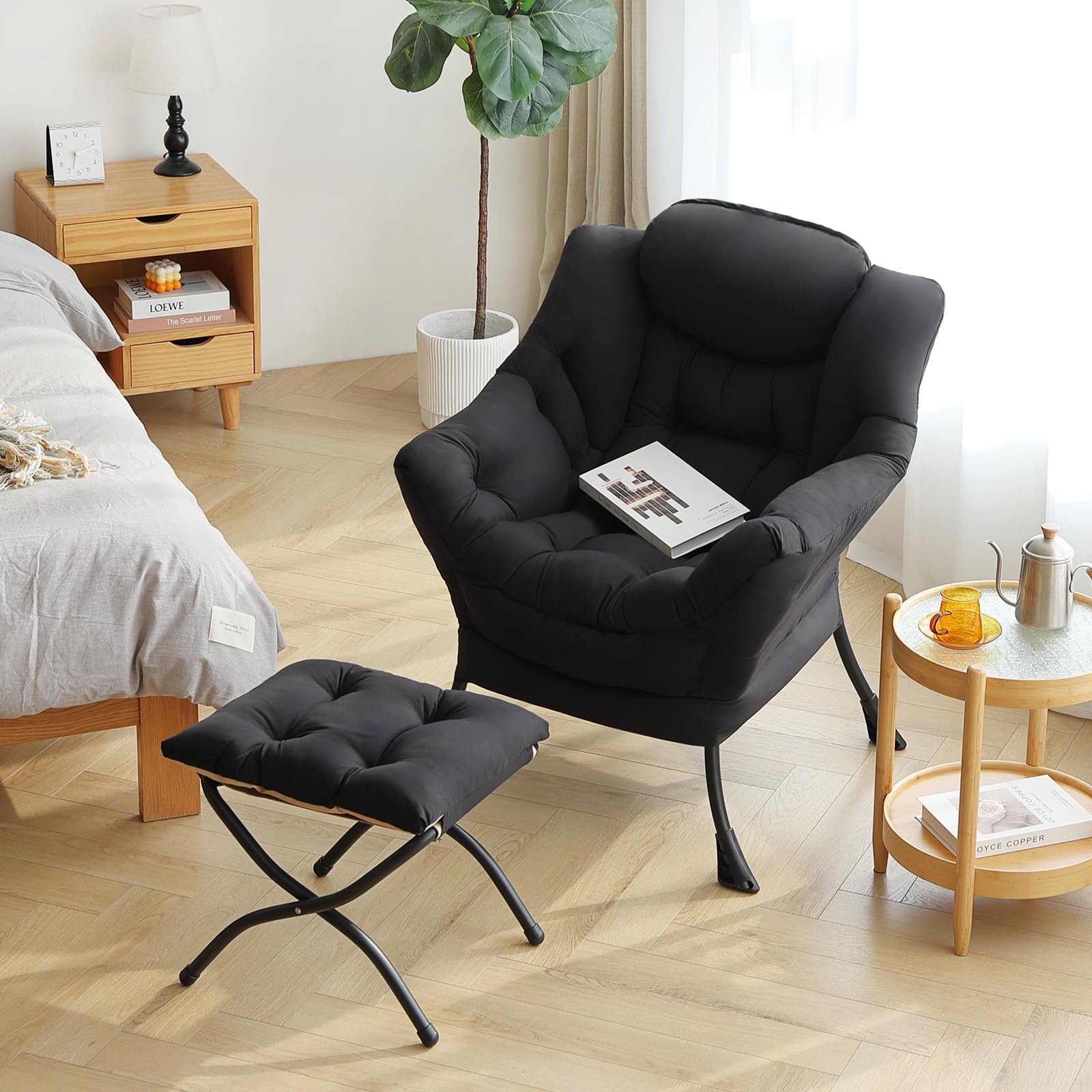 Modern Lazy Chair with Ottoman - Contemporary Lounge Accent Chair with Armrests & Folding Footstool Set - Comfortable Reading Chair for Living Room, Bedroom, Office - Perfect for Relaxing, Napping & Leisure Time (Black)