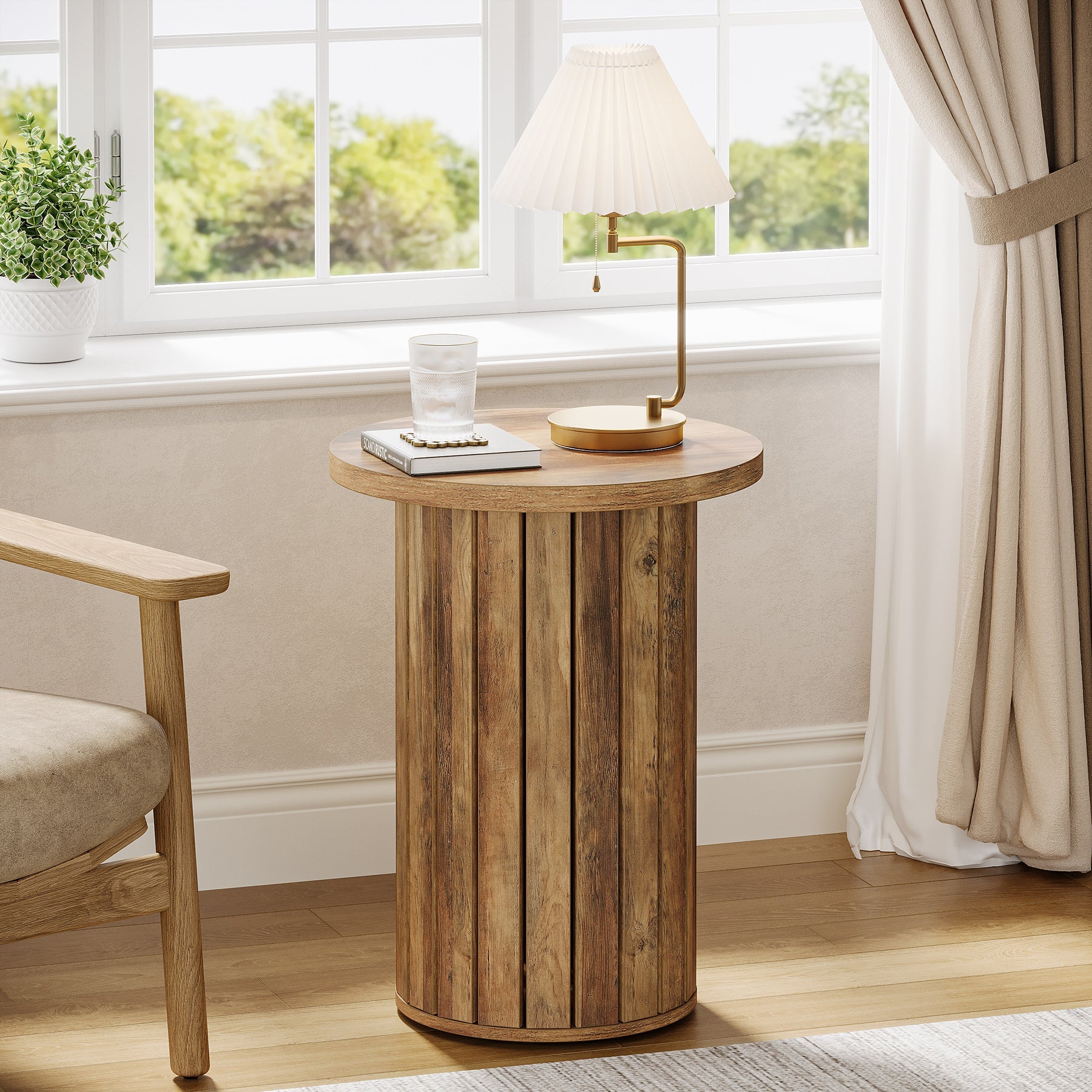 Round Wooden End Table with Pedestal Base - Small Side Table for Couch, Living Room, Bedroom - Perfect for Coffee, Books & Decor
