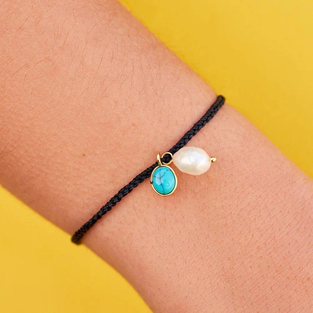 Pura Vida Pearl and Turquoise GD Charm Bracelet - Boho Chic Adjustable Beaded Jewelry for Women - Perfect for Beach, Festival, and Everyday Wear