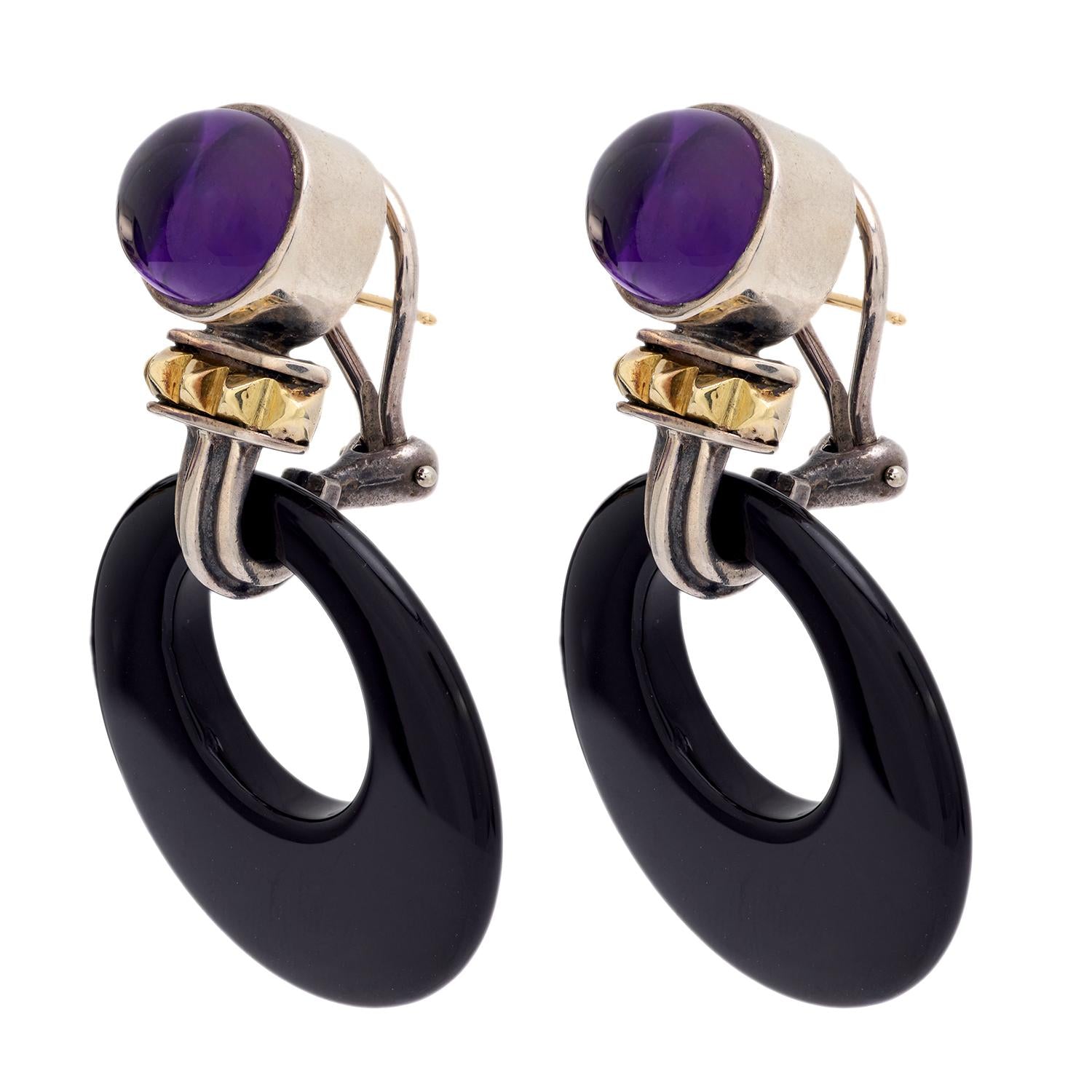 LAGOS Estate 18k Gold & Sterling Silver Amethyst Onyx Hoop Earrings for Women - Elegant Jewelry Gift for Birthday, Anniversary & Special Occasions