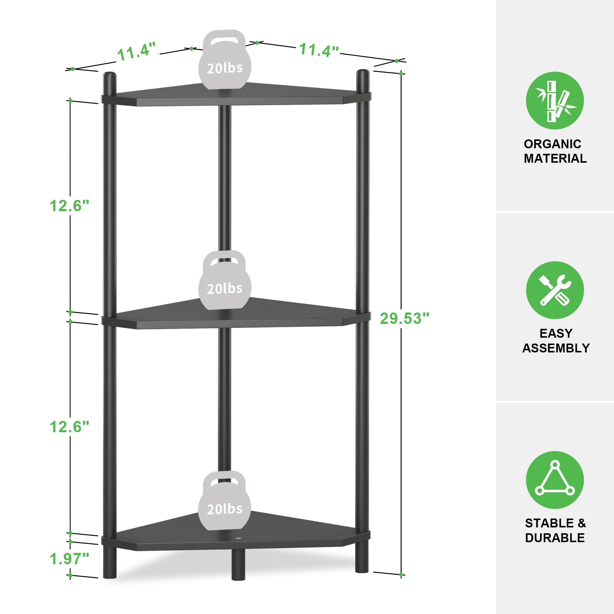 Wisuce 3-Tier Bamboo Corner Shelf Stand - Space-Saving Storage for Office, Kitchen, Bedroom & Living Room - Perfect for Books, Plants & Home Decor (Black) - Ideal for Small Spaces & Apartment Organization
