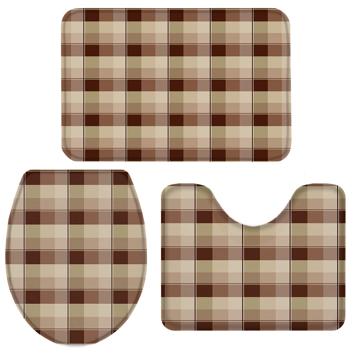 3-Piece Bathroom Rug Set - Non-Slip Toilet Seat Cover, Pedestal Mat & Contour Rug in Scottish Brown Plaid Farmhouse Style | Cozy Bath Decor for Farmhouse, Cottage & Vintage Style Bathrooms