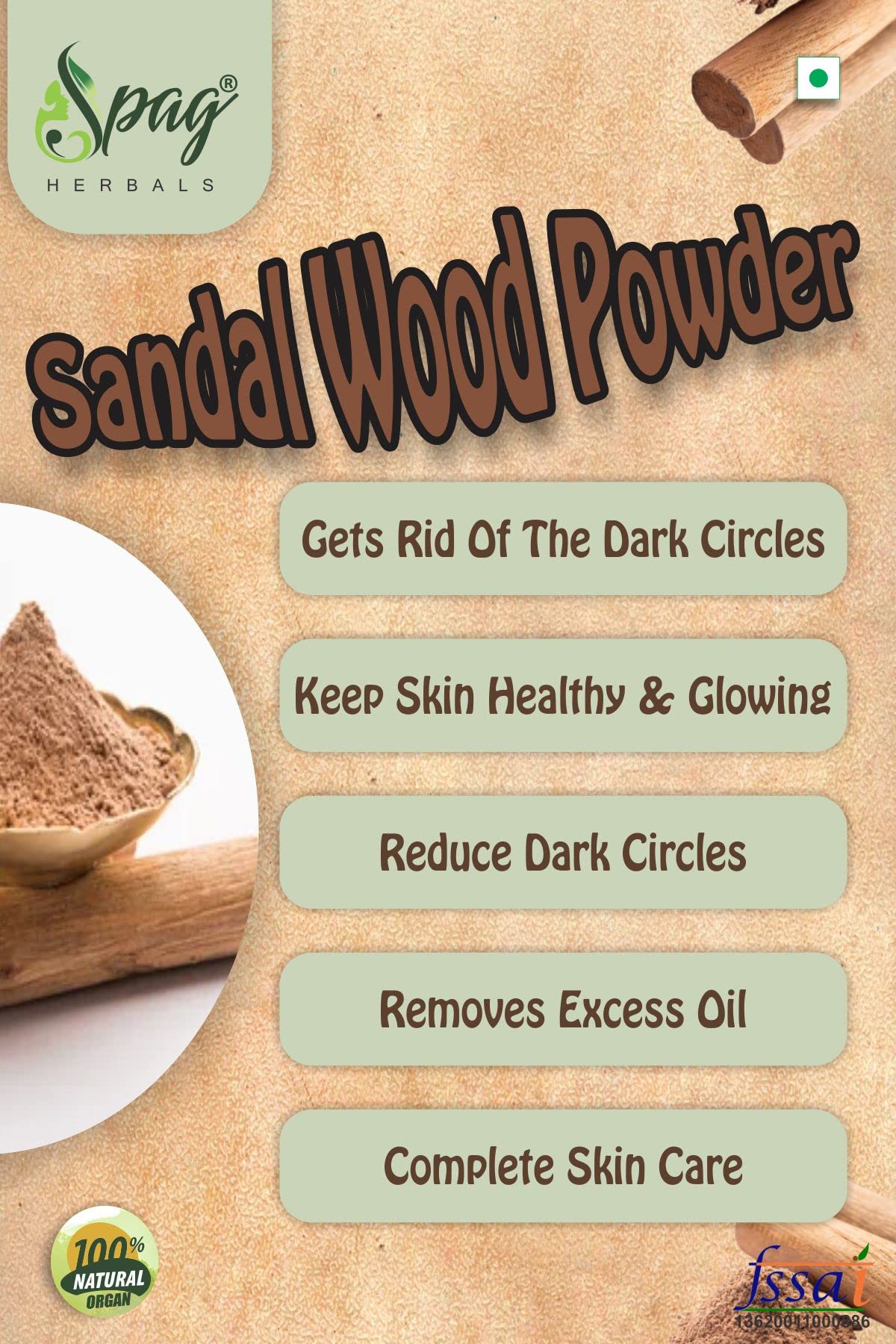 Spag Herbals Sandalwood Chandan Glowing Skin & Face Pack Powder 125g - Natural Ayurvedic Facial Treatment for Brightening & Anti-Aging | Perfect for Daily Skincare Routine & Spa Days