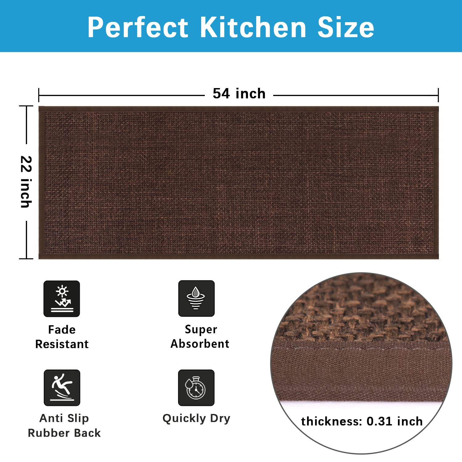 GOYLSER Non-Slip Kitchen Runner Rug - 54x22 Inch Absorbent Jute Carpet with Rubber Backing for Home & Kitchen - Deep Brown - Perfect for High Traffic Areas, Sink & Stove Protection