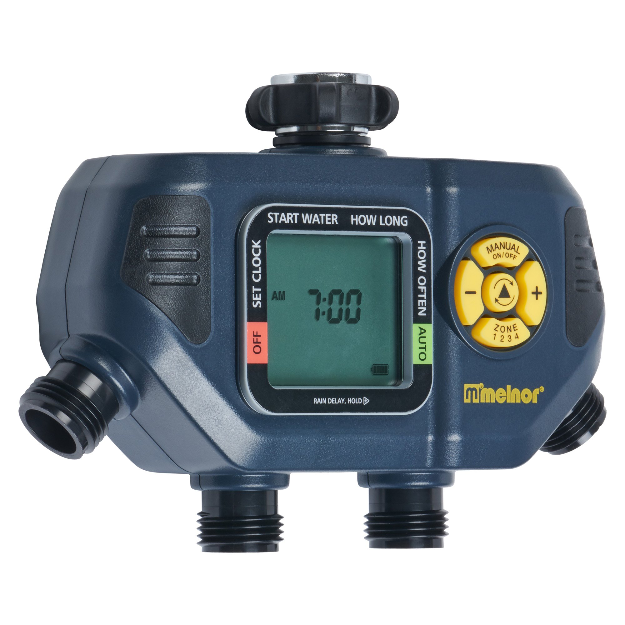 Melnor 65140AMZ 4-Zone Digital Water Timer for Garden Irrigation - Black & Yellow | Automatic Sprinkler System Controller for Lawns, Plants & Outdoor Watering