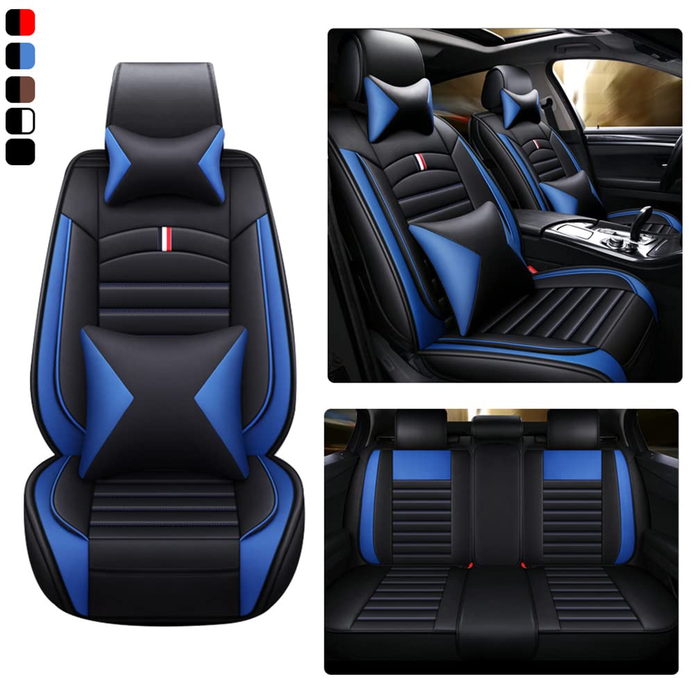 Premium Universal PU Leather Car Seat Covers - Waterproof, Durable & Airbag Compatible - 5-Piece Set with Pillows (Black/Blue) - Perfect for SUVs, Sedans & Trucks - Protects Seats from Spills, Pets & Daily Wear
