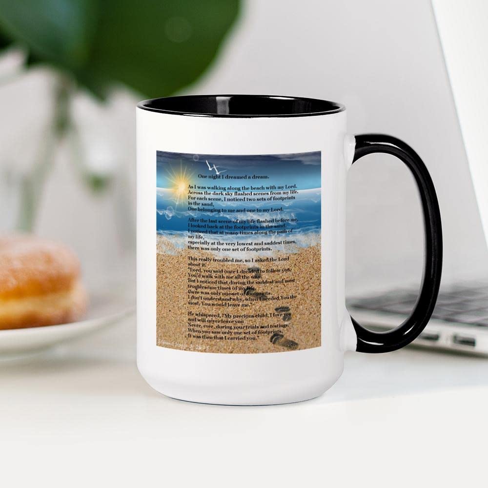 Footprints In The Sand 15 oz Ceramic Coffee Mug (444ml) - Inspirational Gift for Beach Lovers, Christian Gifts & Office Use - Perfect for Hot Tea, Coffee or Cocoa