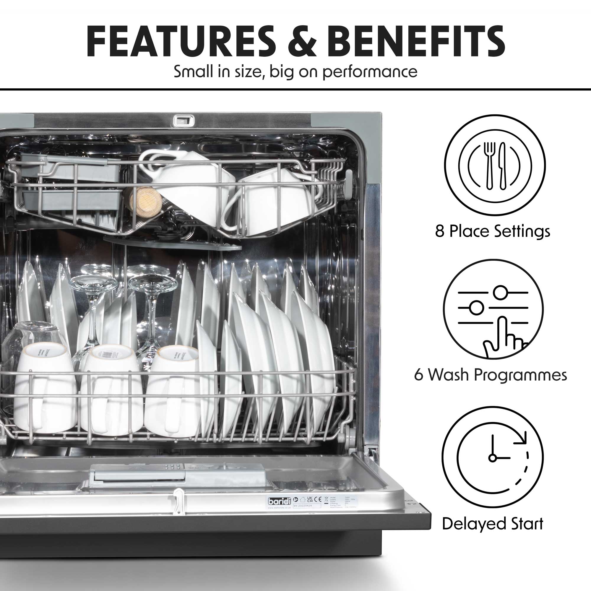 Baridi Compact Tabletop Dishwasher - 8 Place Settings, 6 Wash Programs, Ultra Quiet (42dB), 8L Capacity in Sleek Black (Model DH88) | Perfect for Small Kitchens, Apartments, Dorms & RVs