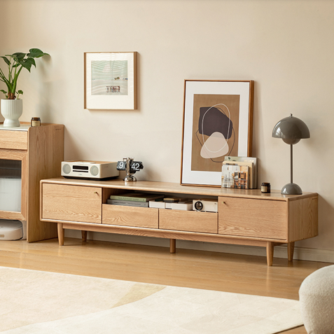Solid Oak Wood Scandinavian TV Stand with Storage - Modern Living Room Entertainment Center for TV, Gaming & Media Storage