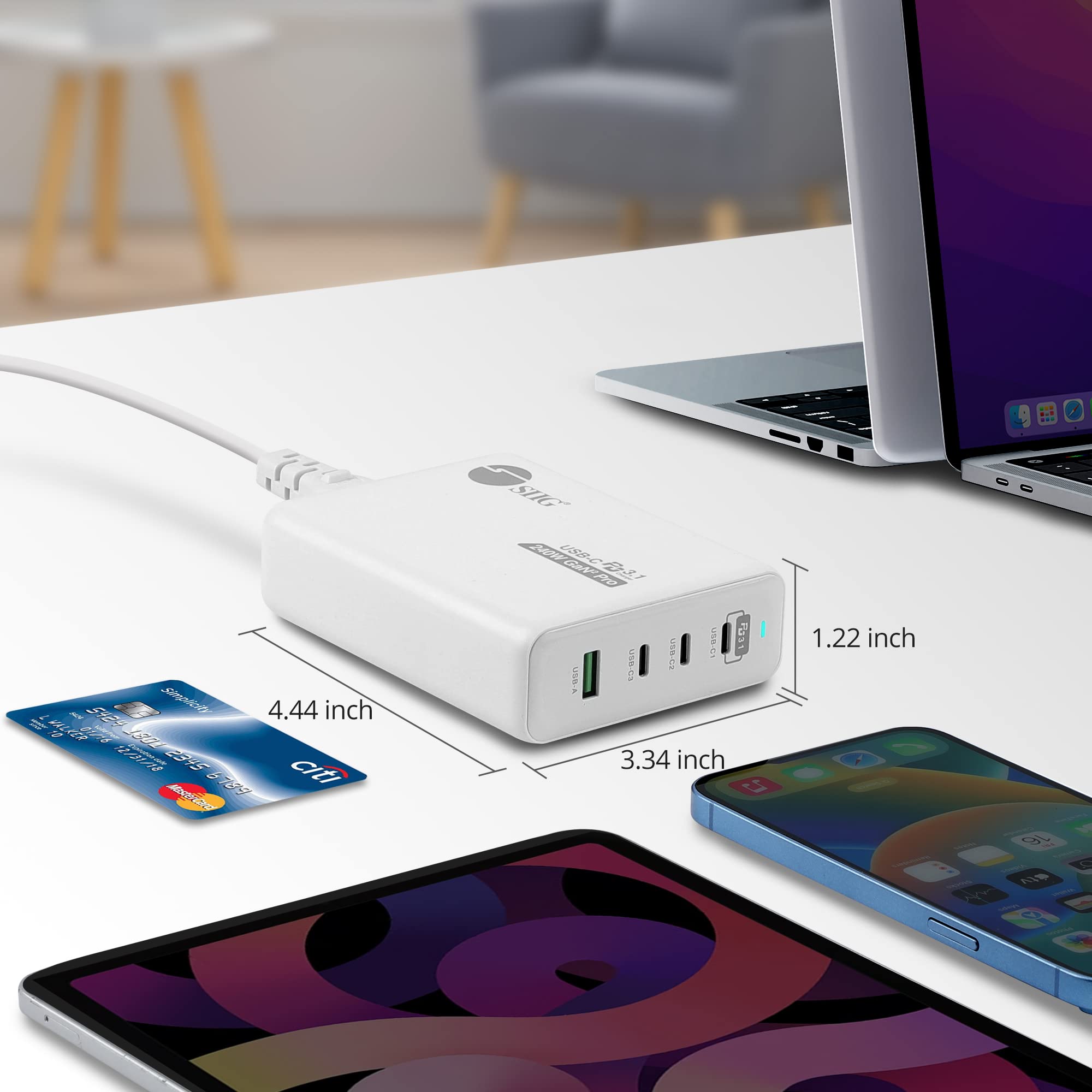 SIIG 240W USB-C GaN Fast Charger 4-Port (3C1A) with PD 3.1 & QC 3.0 - Compatible with MacBook Pro/Air, iPad, iPhone 14/13/12 Series, Samsung Galaxy S22/Note 20, Google Pixel - Perfect for Home, Office & Travel Charging (Model: AC-PW1X11-S1)
