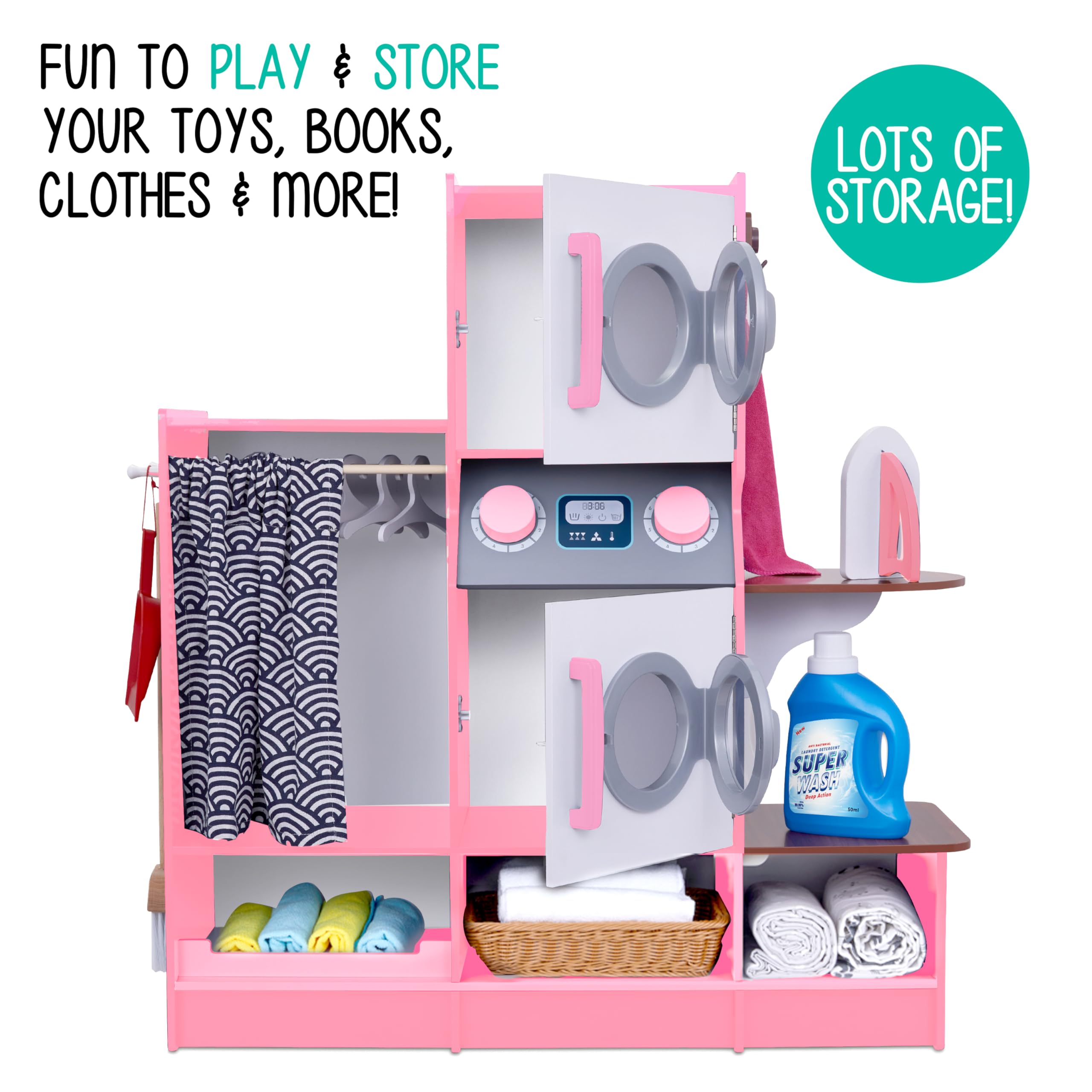 Lil' Jumbl Kids Washer and Dryer Playset - Wooden Pretend Laundry Toy Set with Broom, Dustpan, Iron, Hangers & Basket - Realistic Laundry Room Playset for Toddlers & Preschoolers - Pink - Perfect for Imaginative Play, Role-Playing & Early Learning Activities