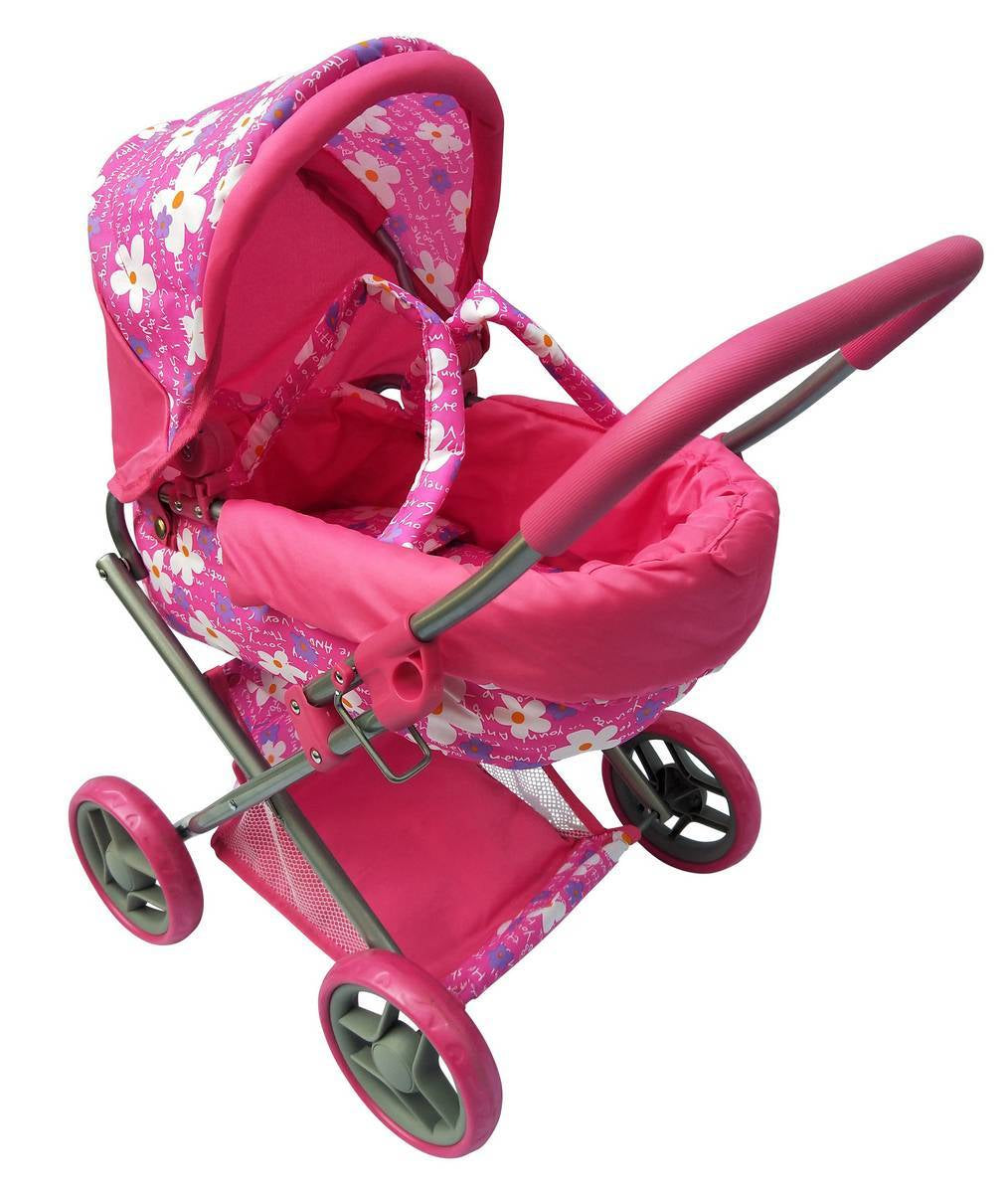 PLAYWORLD Medium Doll Pram Stroller for Kids - Pink Baby Doll Carriage with Canopy | Perfect for Pretend Play, Role-Playing & Outdoor Walks