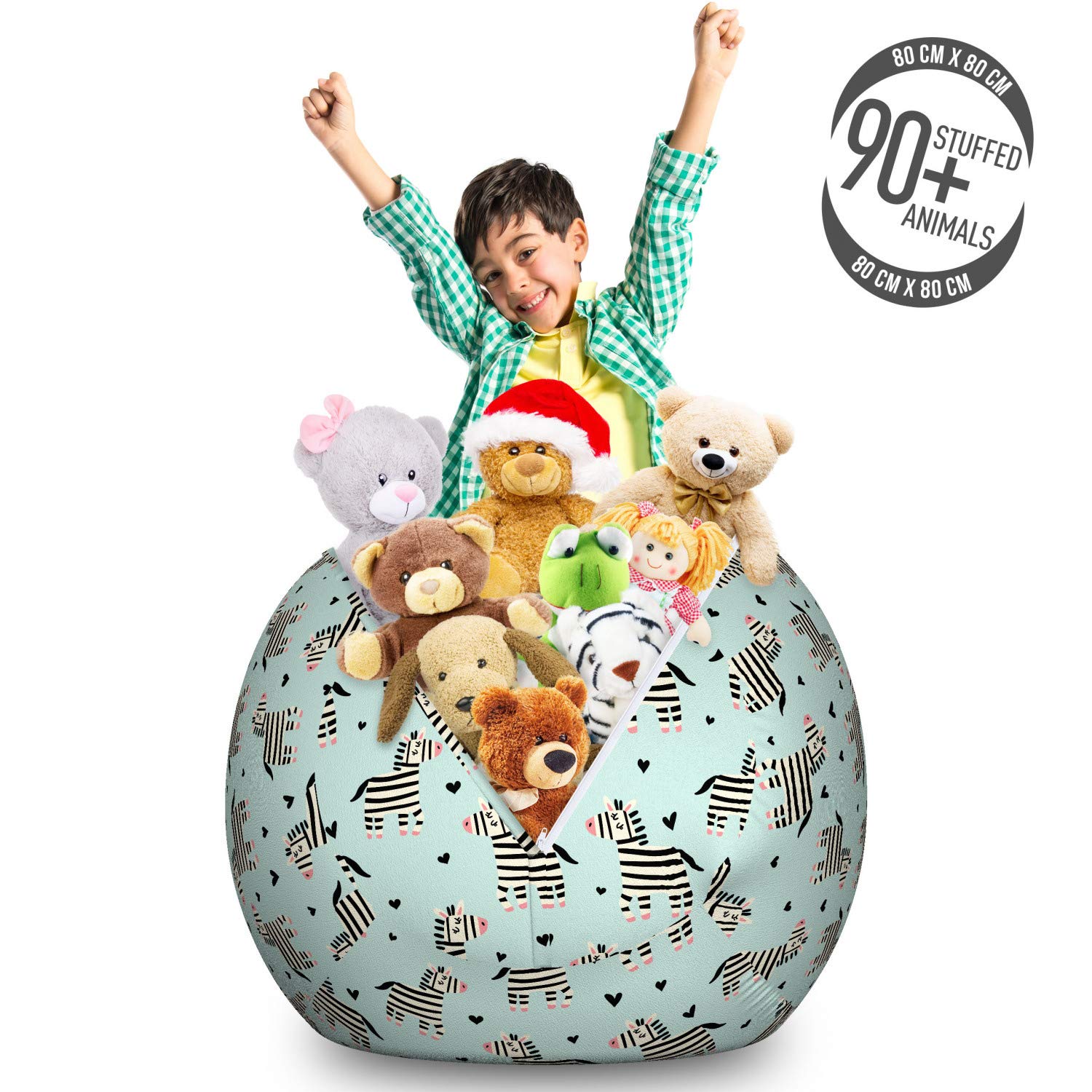 Ambesonne Zebra Print Storage Toy Bag Chair - Large Washable Stuffed Animal Organizer with Savannah Animal & Hearts Pattern in Seafoam Pale Yellow | Kids Room Decor, Playroom Storage, Nursery Organization