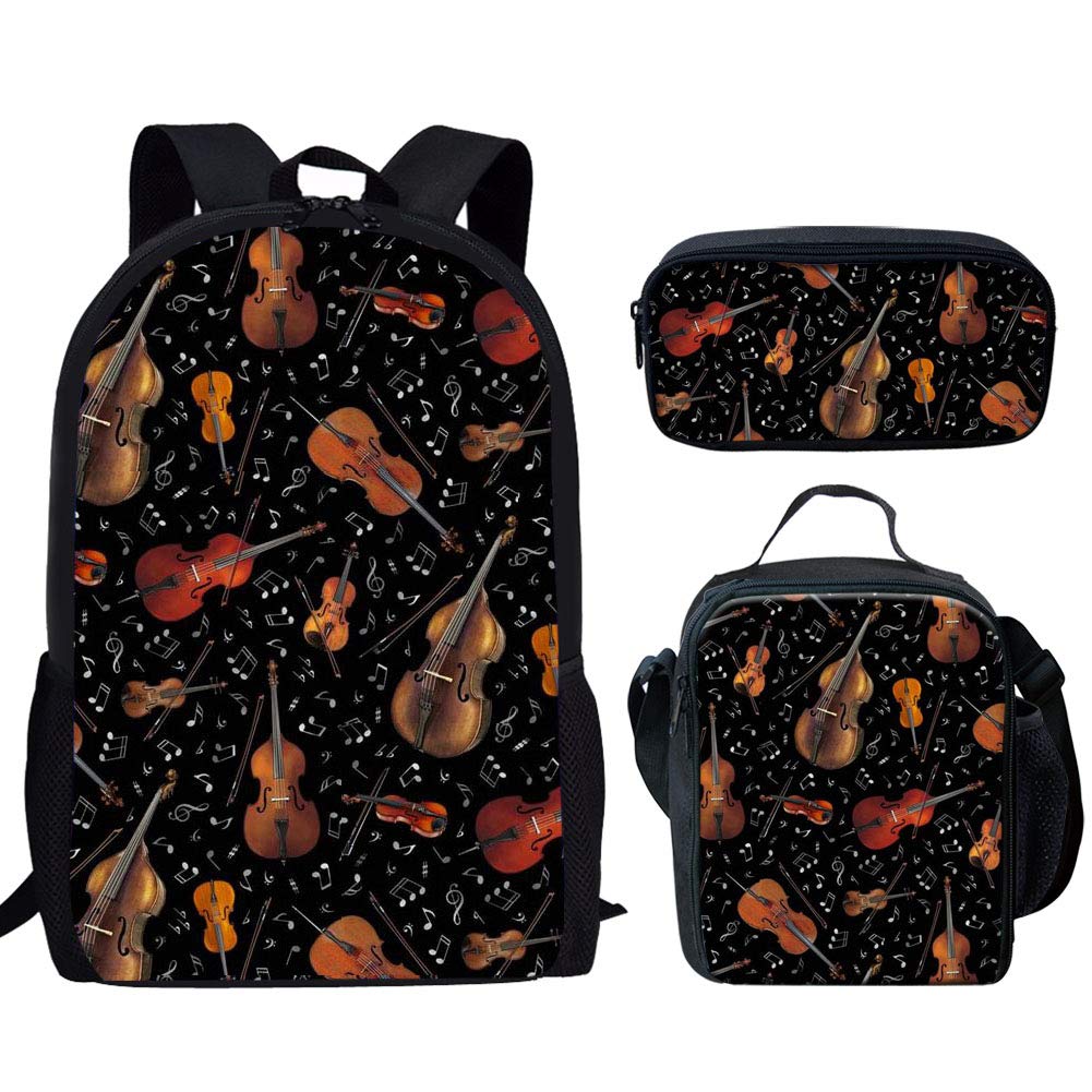 UNICEU Music Violin Pattern Backpack - Stylish School Bookbag for Teen Boys with Lunch Bag & Pencil Pouch Set - Perfect for School, Travel & Music Lovers