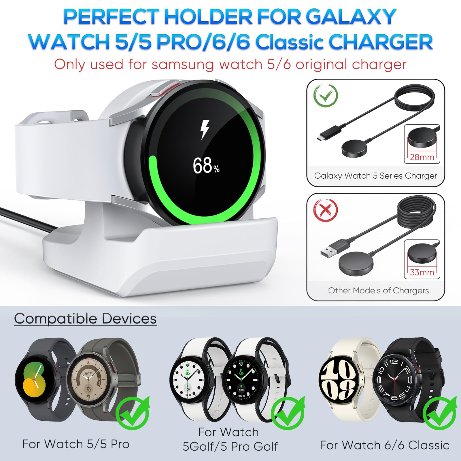 Samsung Galaxy Watch Stand - Universal Charging Dock for Watch 7 40mm/44mm, Watch Ultra, Watch 6 Classic, Watch 5 & 5 Pro - Non-Slip Silicone Holder (White) | Perfect for Nightstand, Office Desk & Travel | Charger Cable Not Included