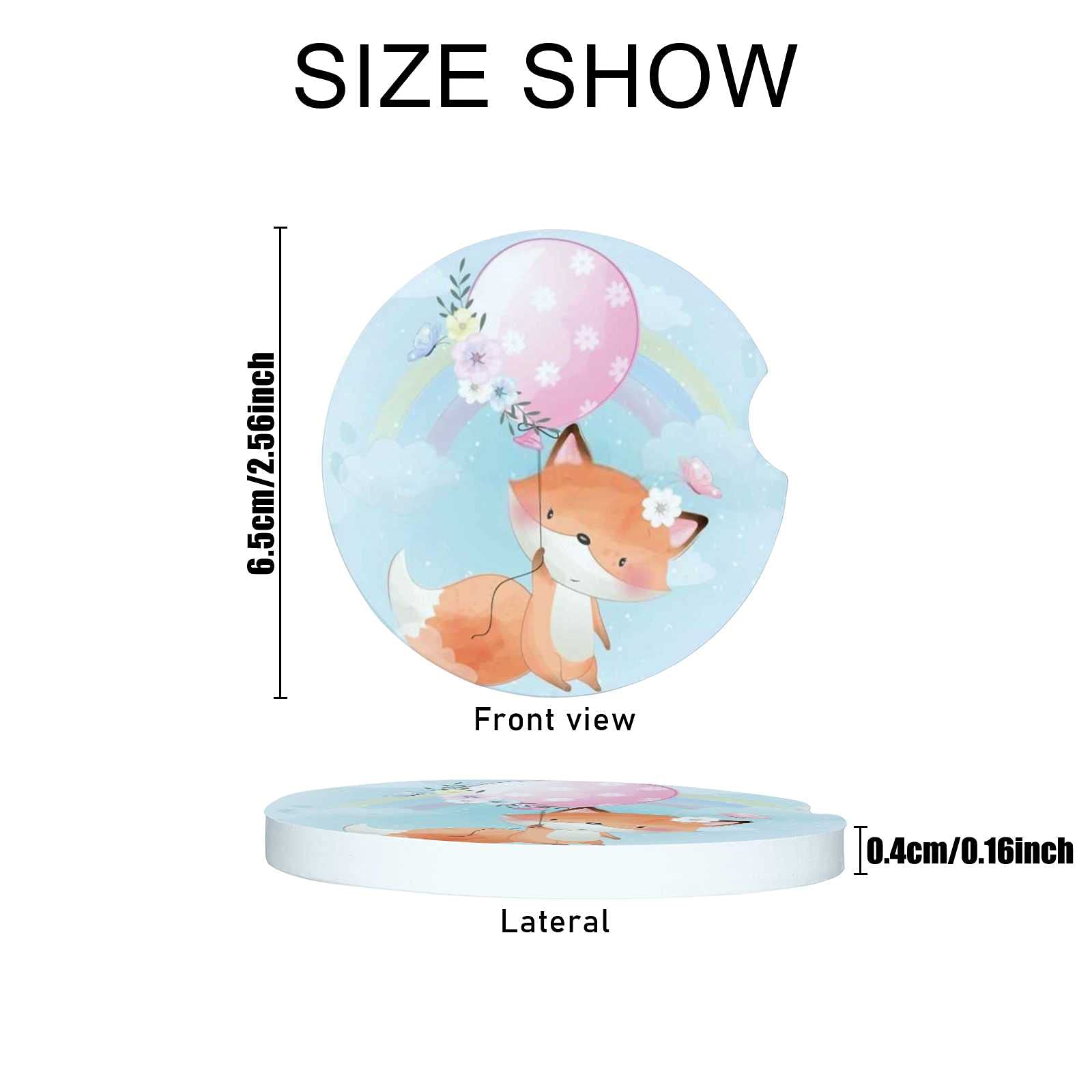 4 Pack Absorbent Ceramic Car Coasters for Cup Holders - Cute Fox with Balloon Design, 2.56 Inch Cork Base Auto Accessories with Finger Notch for Easy Removal (Set of 2) - Perfect for Cars, Trucks, SUVs & Office Desks