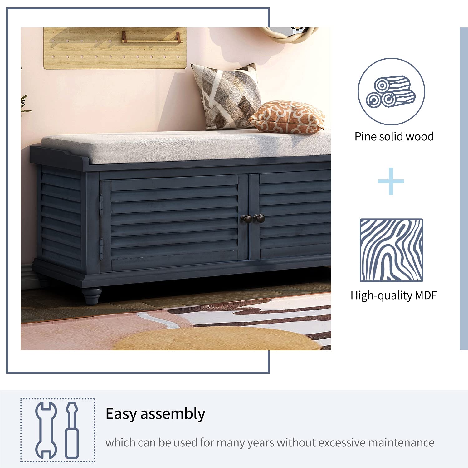 Solid Wood Entryway Storage Bench with Removable Cushion & 2 Doors - Louver Shoe Bench for Hallway, Living Room, Bedroom - Navy Blue Organizer for Shoes, Hats & Home Decor