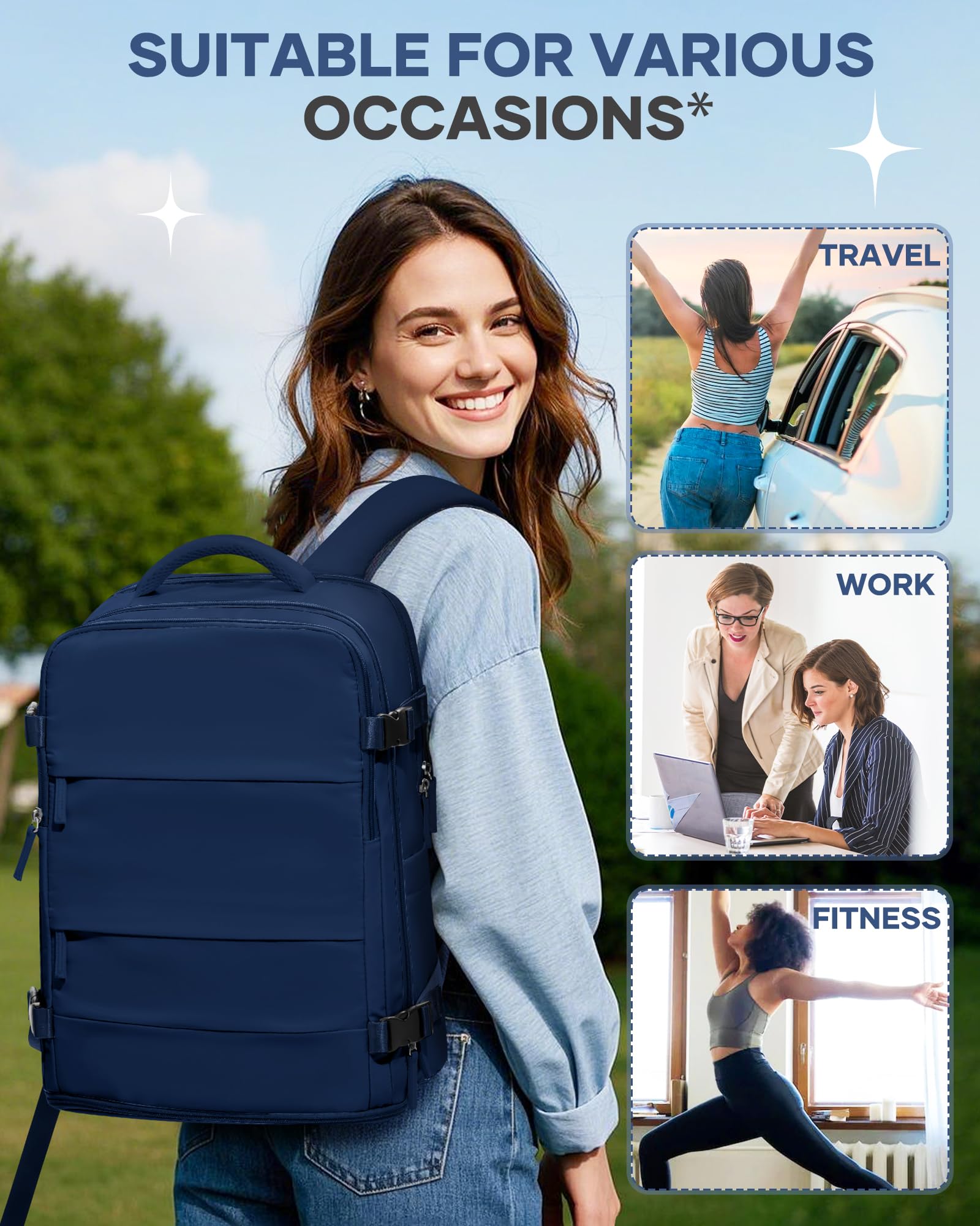 Coofay 40L Travel Backpack for Women - Lightweight Carry On Backpack Airplane Approved, Waterproof Gym Backpack for College, Work & Weekend Trips - Sapphire Blue (Perfect for Business Travel, Hiking & Daily Commute)