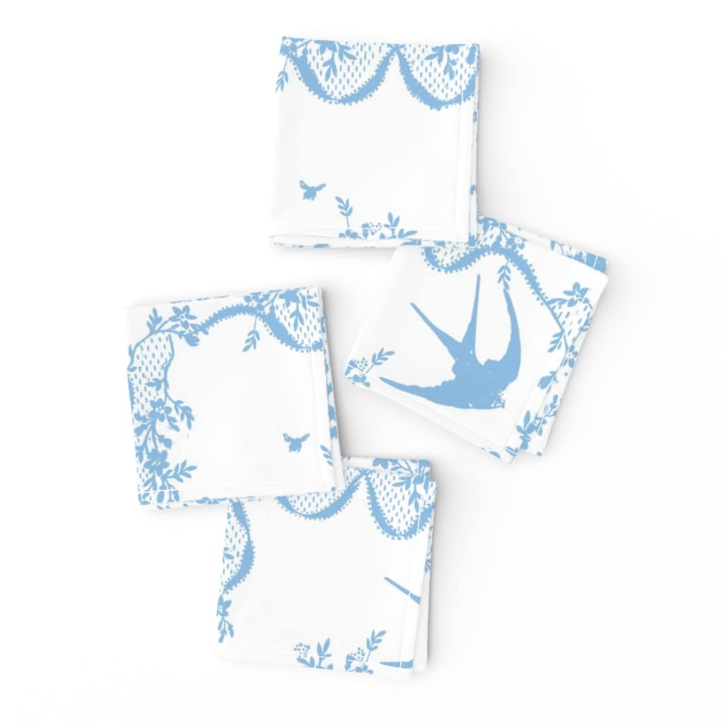 Spoonflower Linen Cotton Blend Cocktail Napkins Set of 4 - Blue Toile Floral Bird Damask Print Decorative Cloth Napkins for Dinner Parties, Bridal Showers & Home Decor