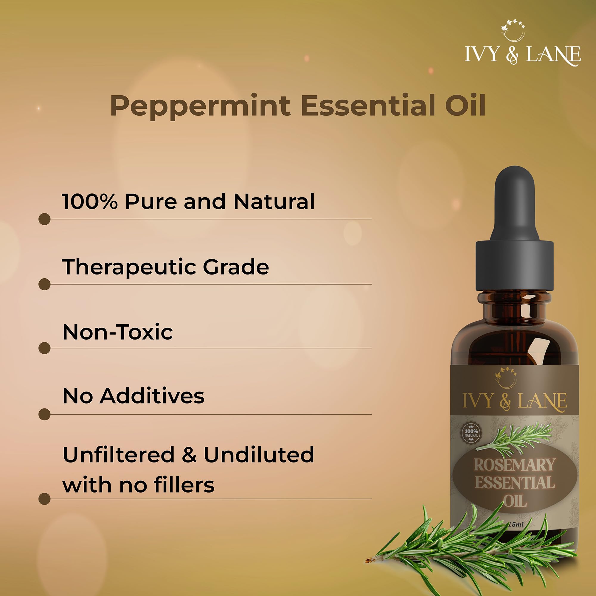 **Ivy & Lane 100% Pure Organic Rosemary Essential Oil – Undiluted, Therapeutic Grade for Aromatherapy, Promotes Healthy Hair, Skin & Mind – 15ml with Dropper – Perfect for Diffusers, Massage & DIY Beauty**