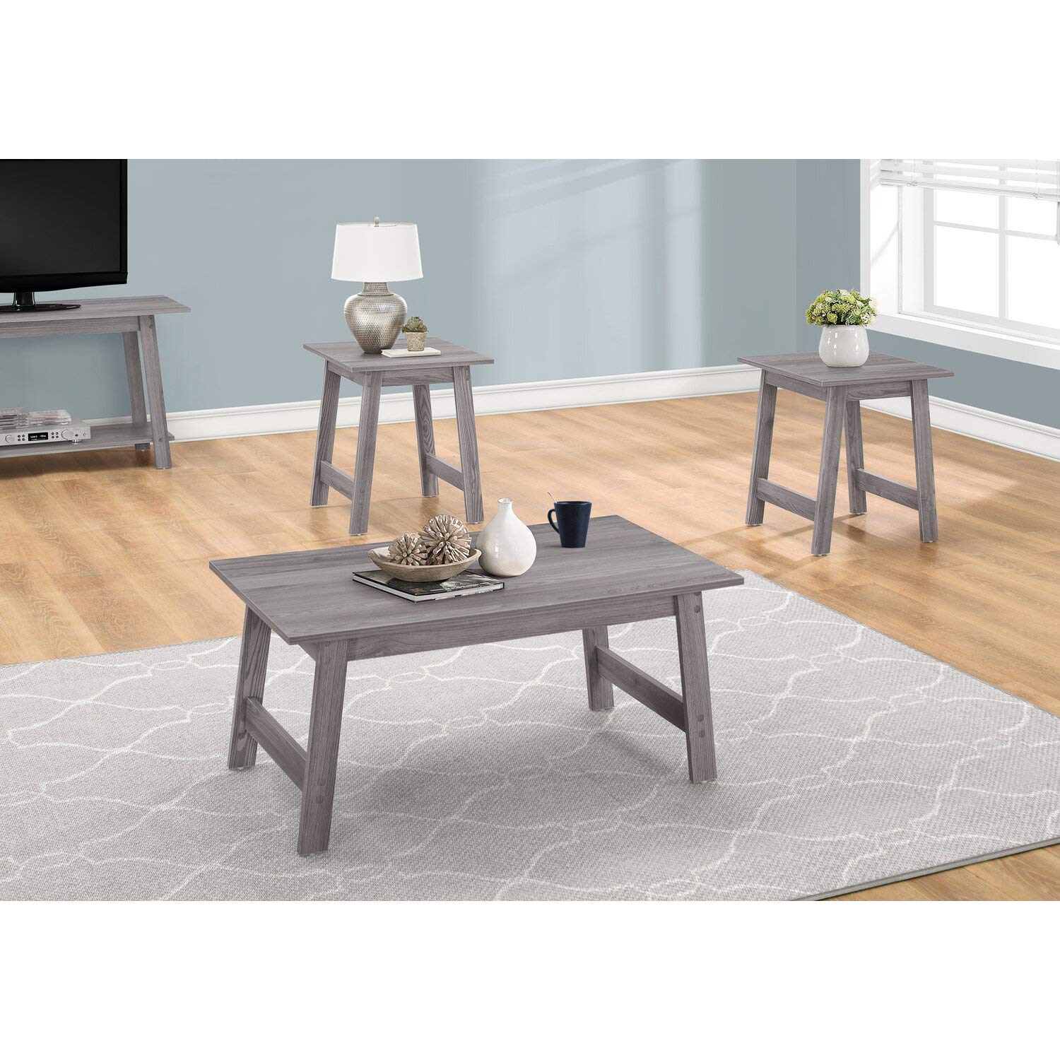 Monarch Specialties 3-Piece Dining Table Set in Grey - Modern Kitchen & Breakfast Nook Furniture for Small Spaces