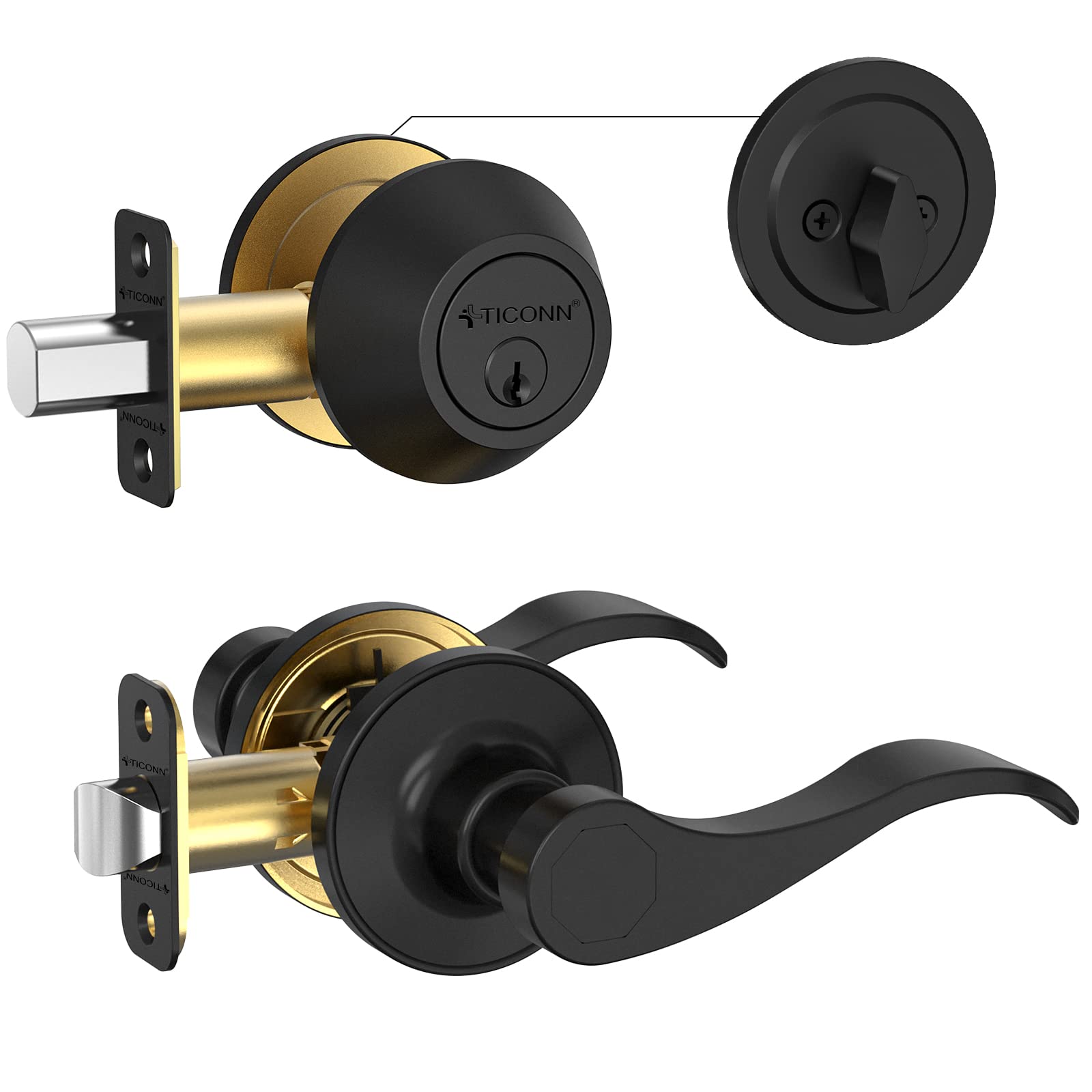 TICONN Matte Black Door Handle - Traditional Wave Style Reversible Door Lever for Interior Doors & Closets (Deadbolt with Passage Lever, 1-Pack) - Perfect for Bedrooms, Bathrooms & Home Offices