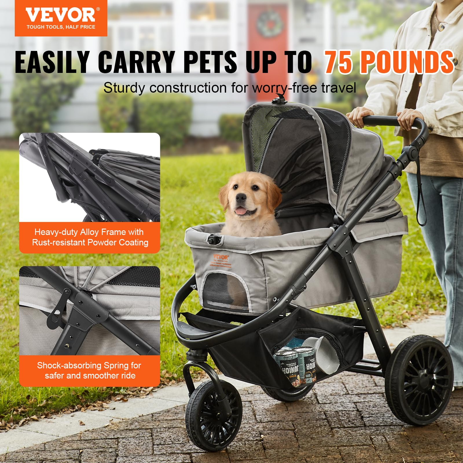 VEVOR Heavy Duty Pet Stroller for Large Dogs & Cats up to 75lbs - 3-Wheel Folding Dog & Cat Carrier with Storage Basket, Adjustable Handle & Ventilated Canopy - Perfect for Jogging, Shopping & Outdoor Adventures